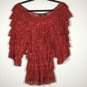Unique ra-ra top red crocheted 3/4 sleeves layered top beach resort vaca S/M